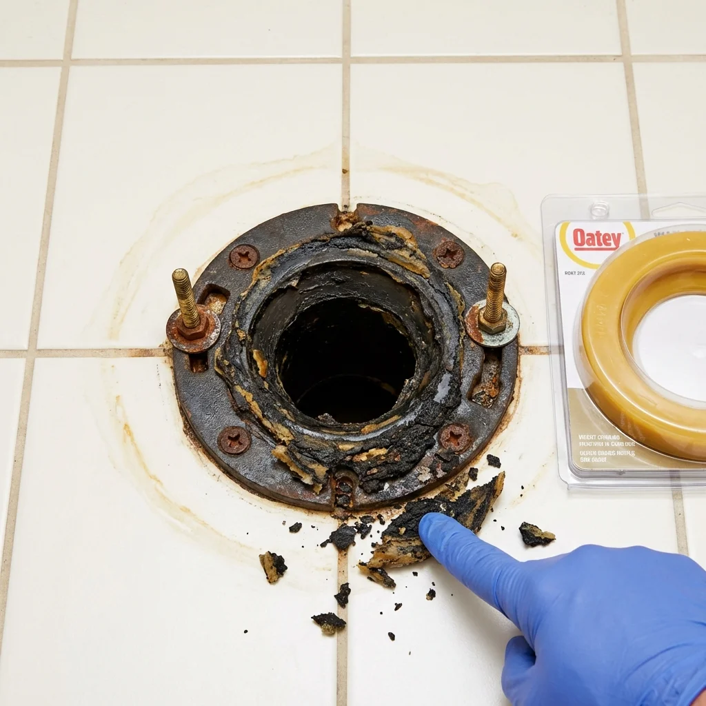 Failed wax ring showing water seepage at the base of a toilet in a Richmond, IN home