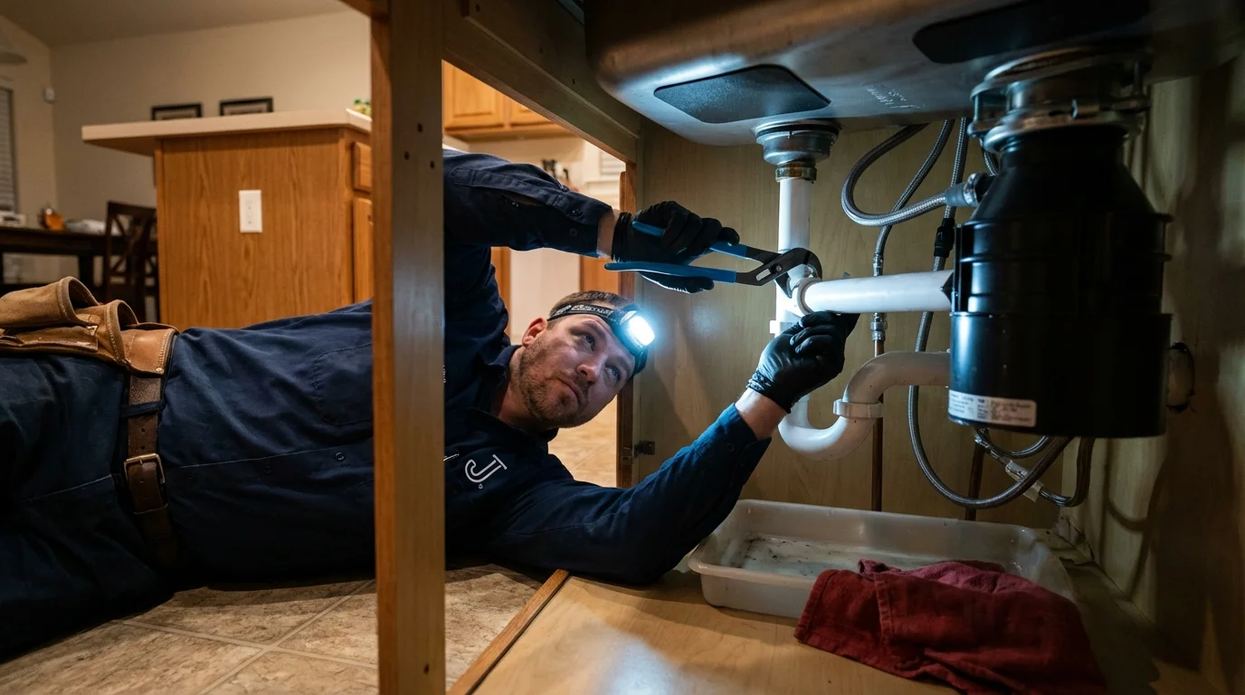 P-trap and supply line connections under a kitchen sink showing a common leak point in Richmond, IN